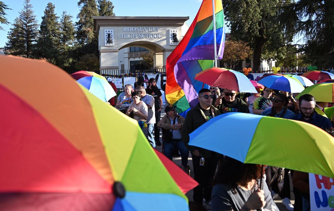 A coalition of LGBTQ+ organizations and supporters, headed by LGBT+ Fresno, gathered outside Roosevelt High School in a counter-protest featuring rainbow-themed umbrellas as symbolic shields against a group from Westboro Baptist Church Monday, Oct. 28, 2024, Fresno.