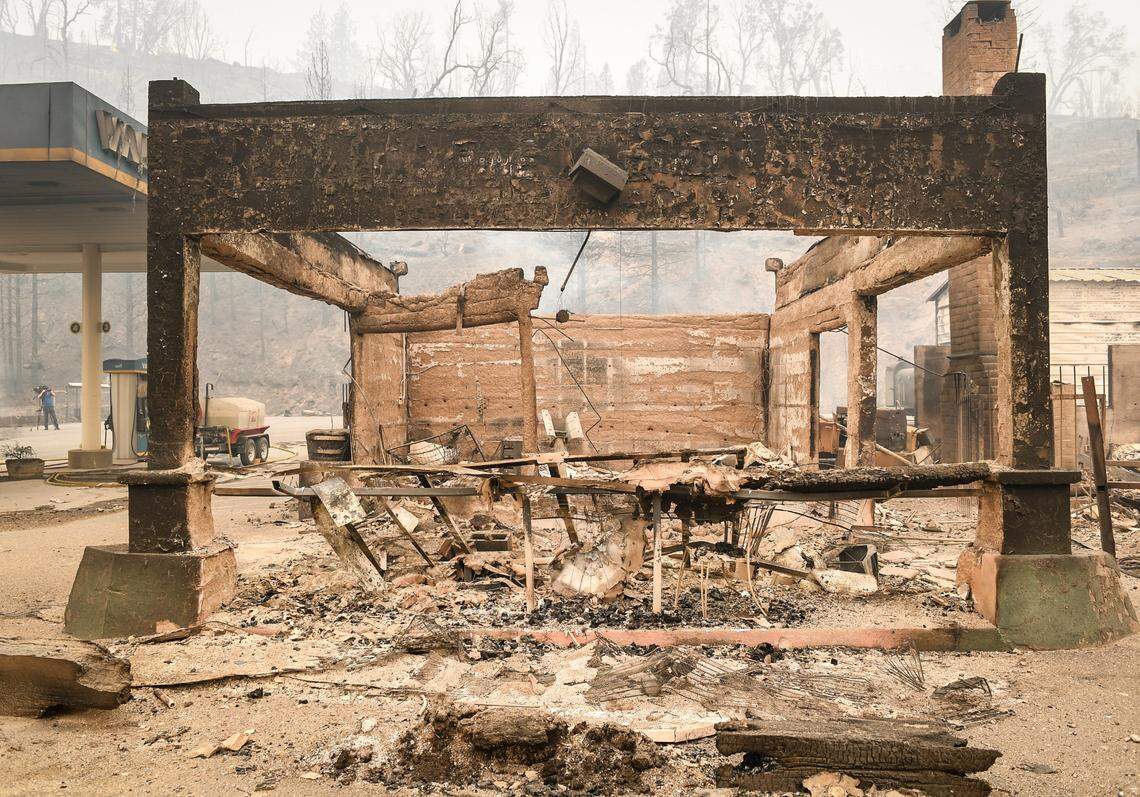Cressman’s General Store and gas station at the top of the four lane on Highway 168 and west of Shaver Lake appears in ruins after the Creek Fire swept through the area, on Tuesday, Sept. 8, 2020.
