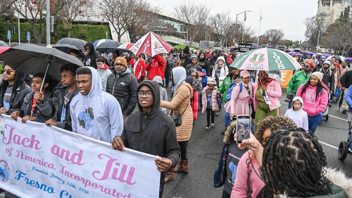 Hundreds join the 39th annual Martin Luther King Jr. Day March from Fresno City Hall to the Fresno Veterans Memorial Auditorium on Jan. 16, 2023.