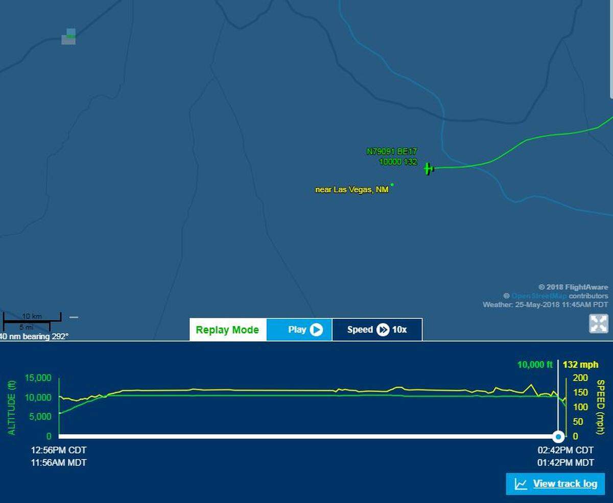 A screenshot from Flight Aware, an aircraft tracking site, shows the path of "Queenie," an airplane flown by a Clovis pilot before it went down near Santa Fe, New Mexico, on Friday, May 25, 2018.