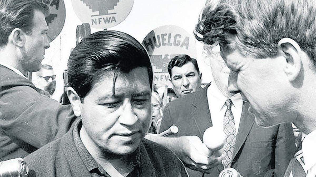 U.S. Sen. Robert F. Kennedy meets Cesar Chavez on March 14, 1966, in Delano and pledges his support to the United Farm Workers and its strike against grape growers.
