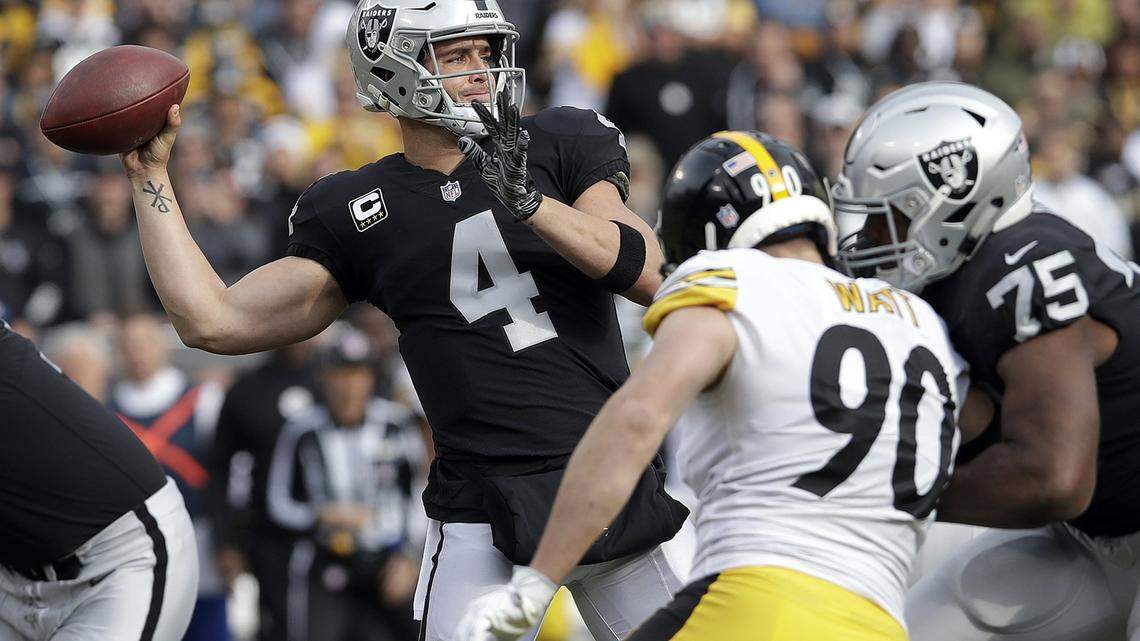 FILE - In this Sunday, Dec. 9, 2018, file photo, Raiders quarterback Derek Carr (4) passes against the Pittsburgh Steelers during the first half of an NFL football game in Oakland, Calif.