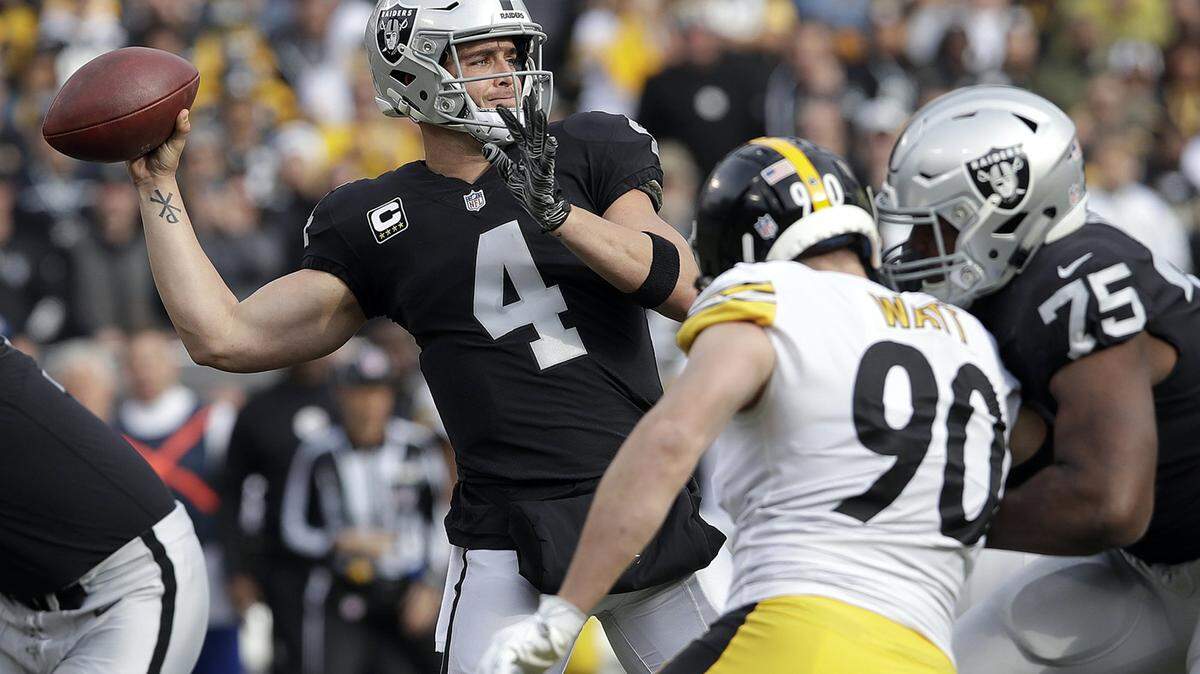FILE - In this Sunday, Dec. 9, 2018, file photo, Raiders quarterback Derek Carr (4) passes against the Pittsburgh Steelers during the first half of an NFL football game in Oakland, Calif.