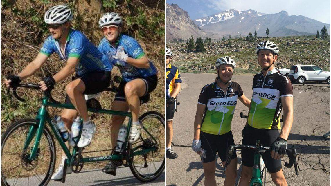 Terry and Lynn Rueter. They are pictured at left riding a tandem bicycle.