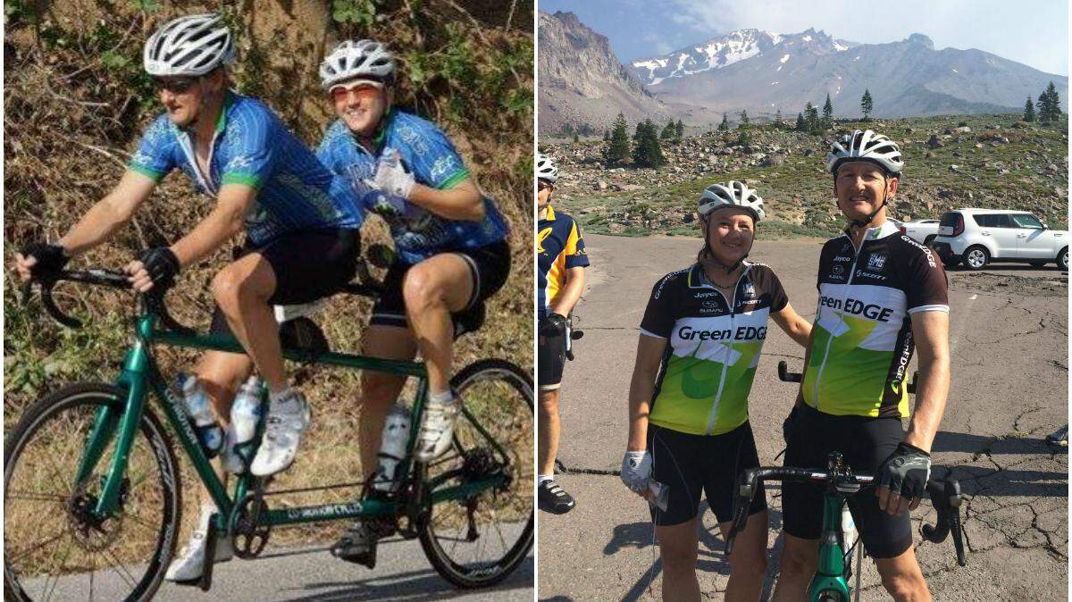 Terry and Lynn Rueter. They are pictured at left riding a tandem bicycle.
