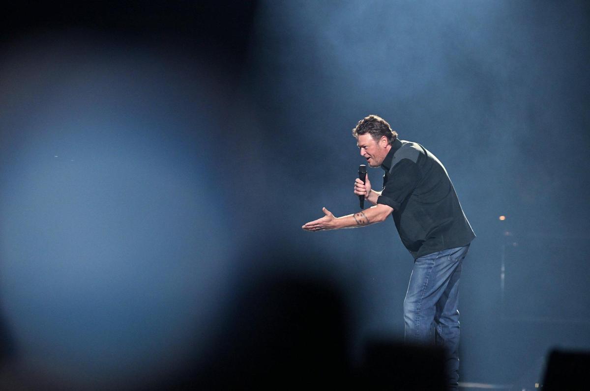 Blake Shelton sings to the audience at the Save Mart Center Thursday night, March 21, 2024 in Fresno.