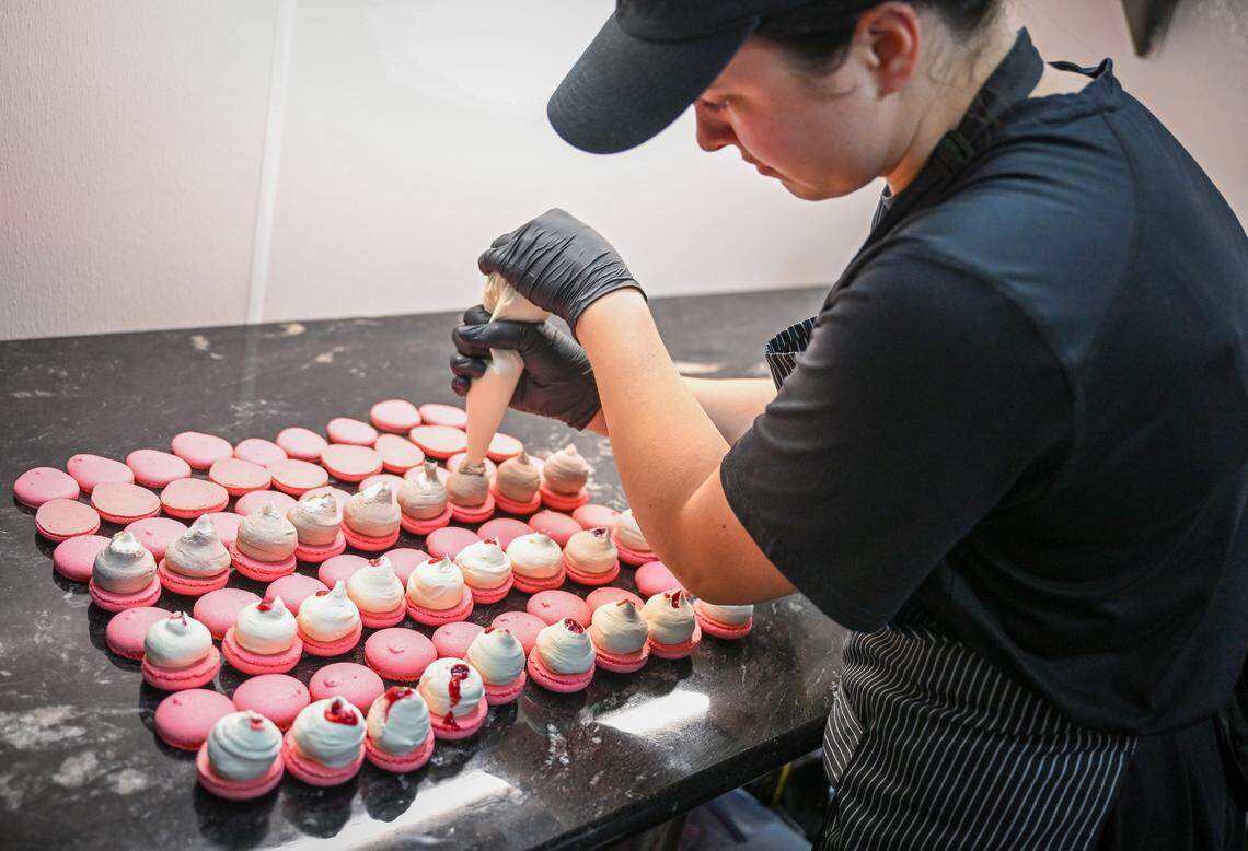 Macarons are prepared in the kitchen at Lodei Bakery & Cafe, an Armenian family-owned bakery on the northeast corner of Palm and Bullard.