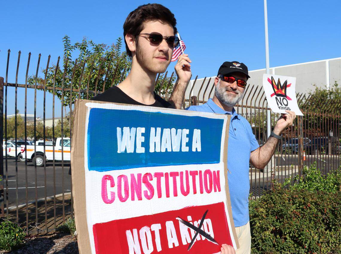 Nathaniel Joseph and his father, David Joseph, were among the hundreds of participants in the No Kings rally at Fresno's Manchester Mall on Oct. 18, 2025.