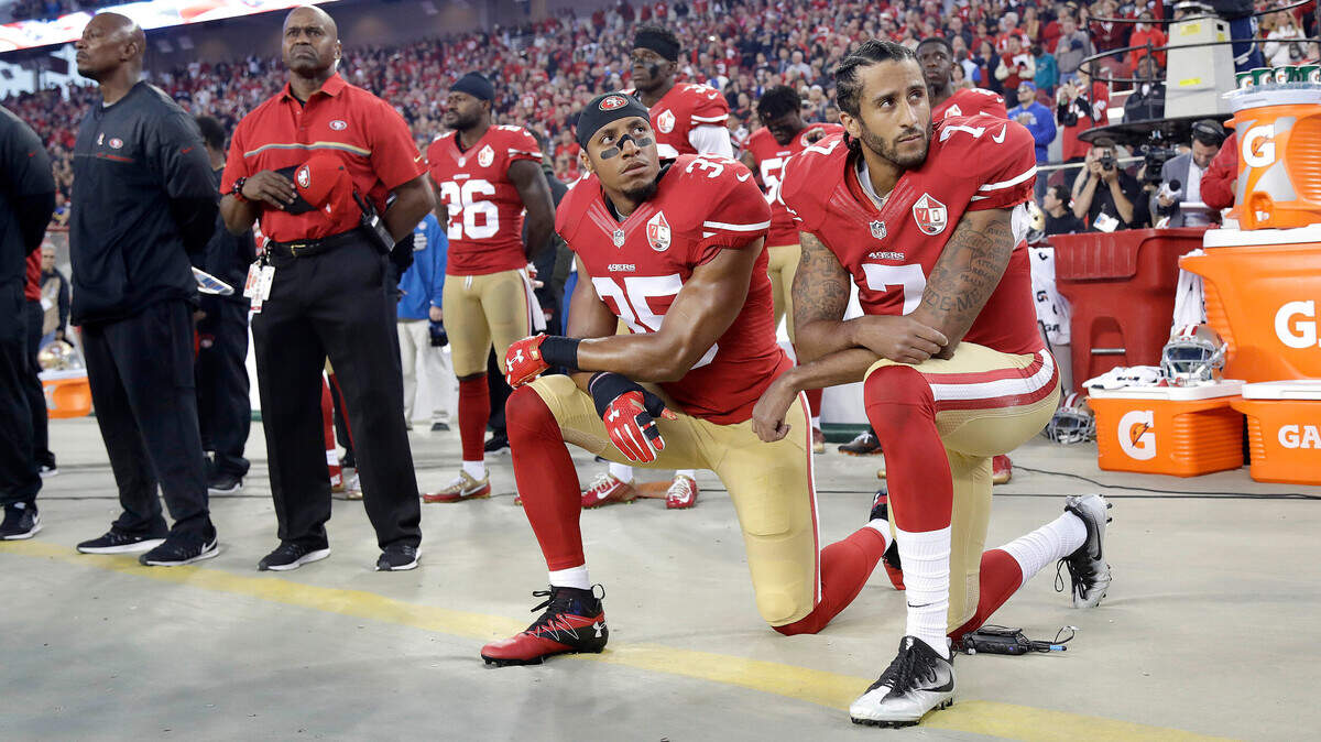 Players kneeling during the national anthem at NFL games began with former San Francisco 49ers quarterback Colin Kaepernick in 2016.