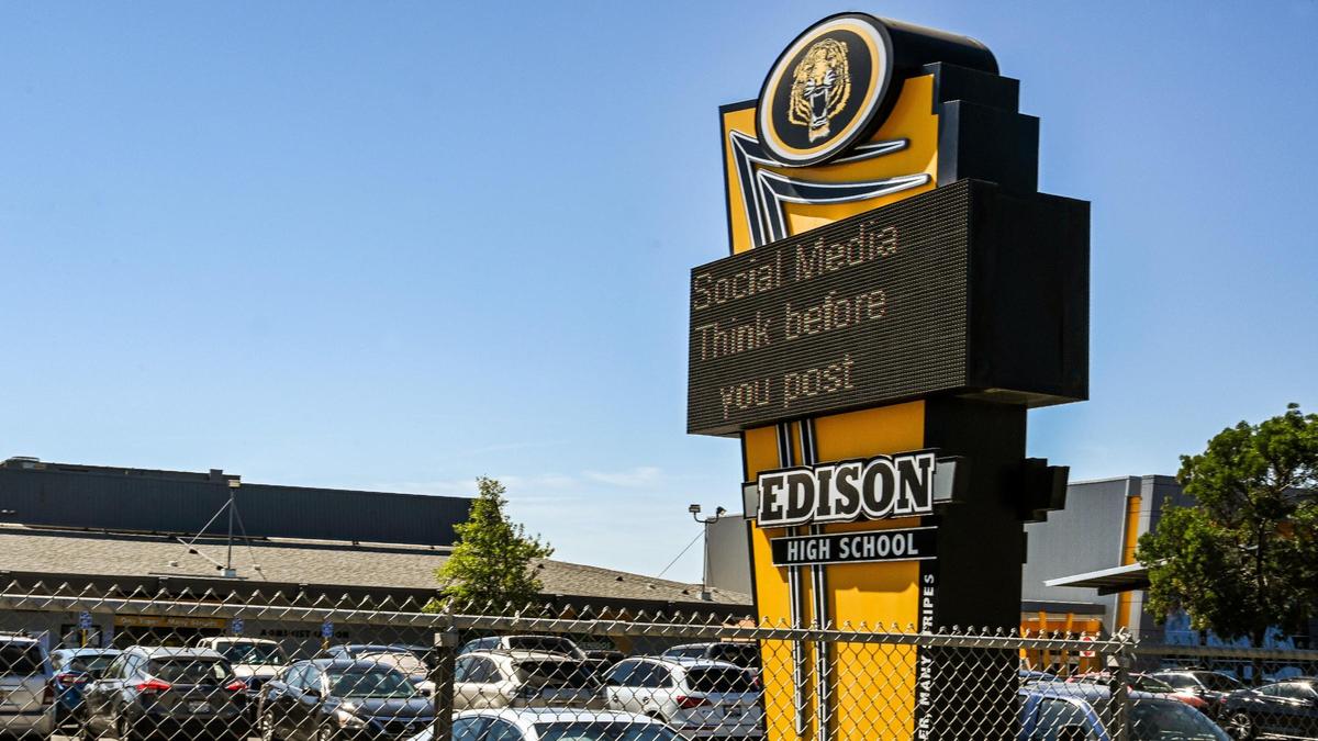 The front of Edison High School in Fresno which was the subject of a shooting threat posted on social media that resulted in the arrest of a 14-year-old.