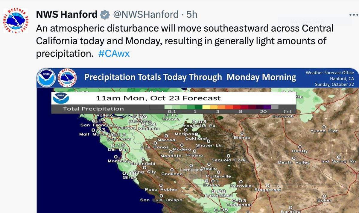 An offshore weather front was bringing temperatures down in the central San Joaquin Valley on Sunday.