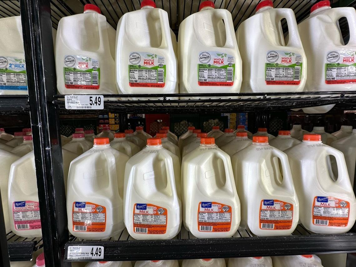Containers of whole milk are for sale at Save Mart in Fresno.