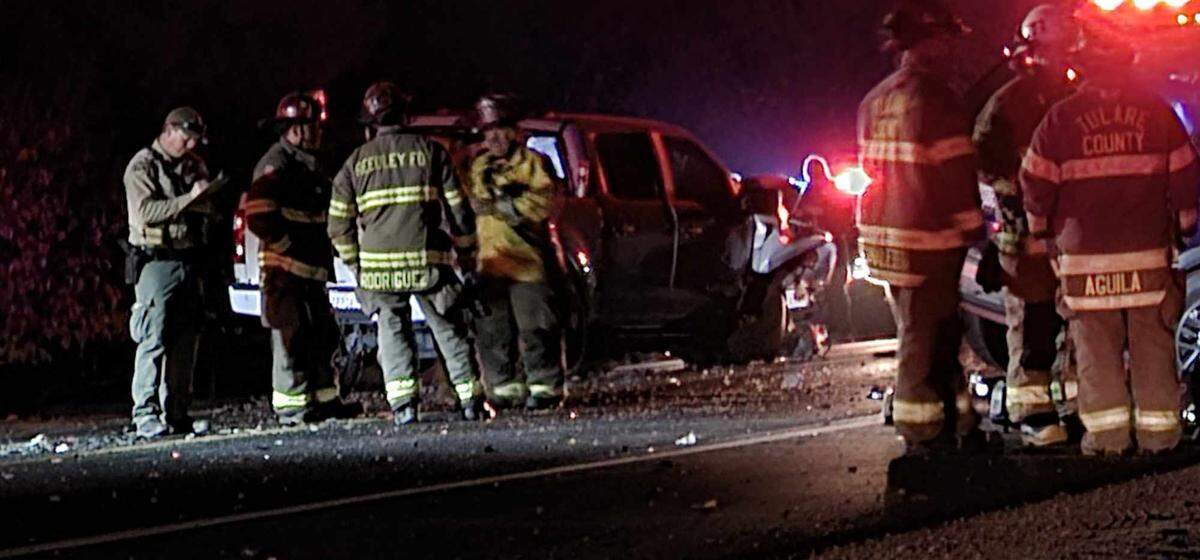 Emergency personnel on the scene of a fatal crash near Reedley on Sunday, Dec. 3, 2023.