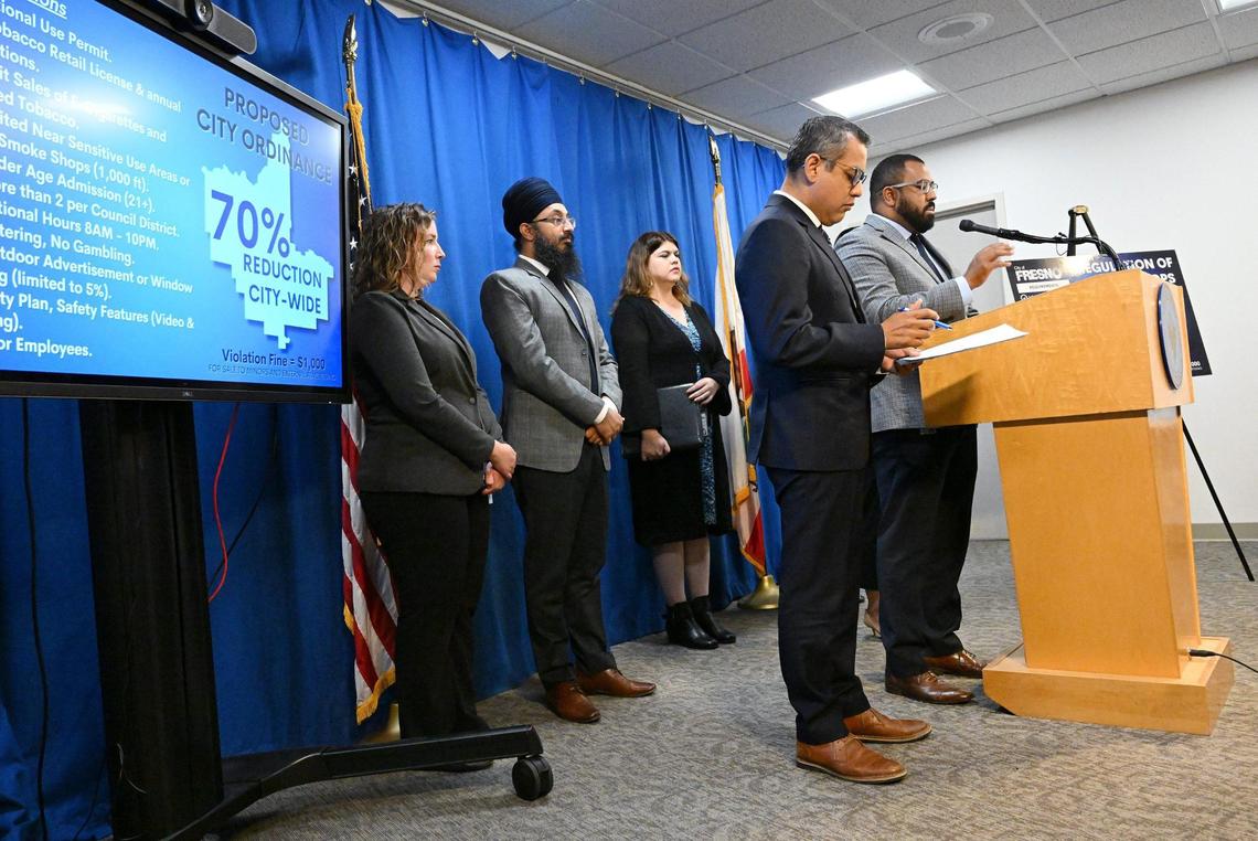 Fresno City councilmembers announced a proposed ordinance that would tighten regulations around smoke shop businesses during a press conference Tuesday, Oct. 17, 2023 in Fresno.
