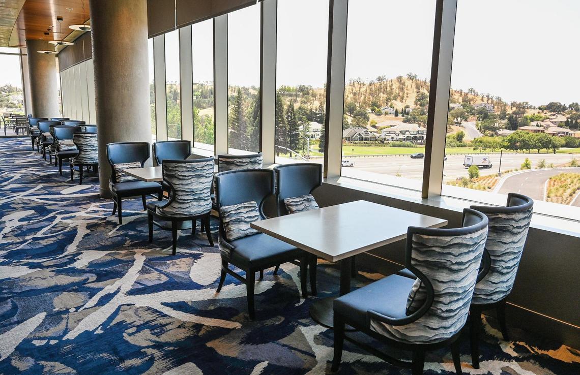 The Eagles Landing Steakhouse restaurant is a holdover from the old Table Mountain Casino but with a huge makeover, now featuring high windows with panoramic views of the valley.