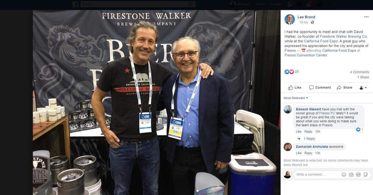 Mayor Lee Brand posted this photo with Firestone Walker Brewing Co. co-founder David Walker from the California Food Expo Tuesday. Brand said Walker was “A great guy who expressed his appreciation for the city and people of Fresno.”