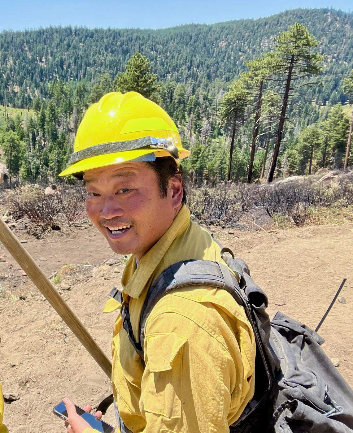 Sequoia National Forest archeologist Ernest Wingate, one of thousands of federal workers laid off by the Trump administration, pictured during his assignment to the 2024 Borel Fire that burned outside Lake Isabella in Kern County.
