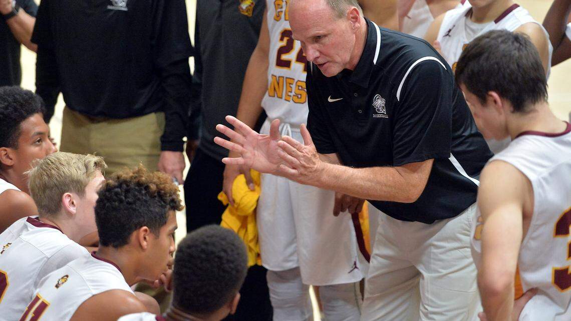 Clovis West head coach Vance Walberg on the sidelines during a time out during a game against Independence in a Nike Invitational boys basketball tournament at Clovis West High School on Wednesday, Dec. 14, 2016.
