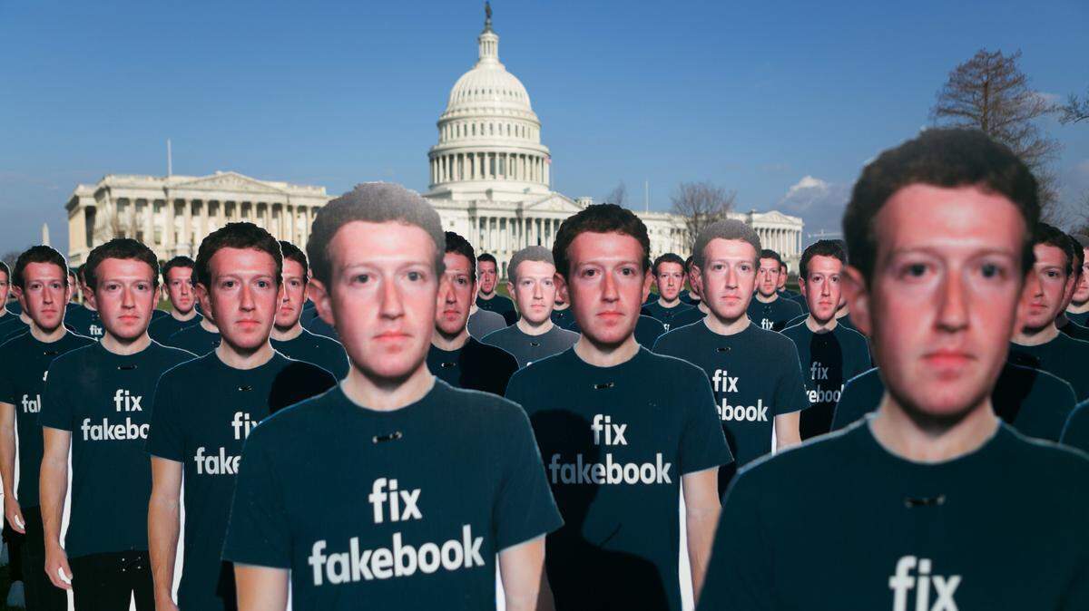 Cardboard cutouts of Mark Zuckerberg, Facebook’s chief executive, set out in front of the U.S. Capitol in Washington in 2018.