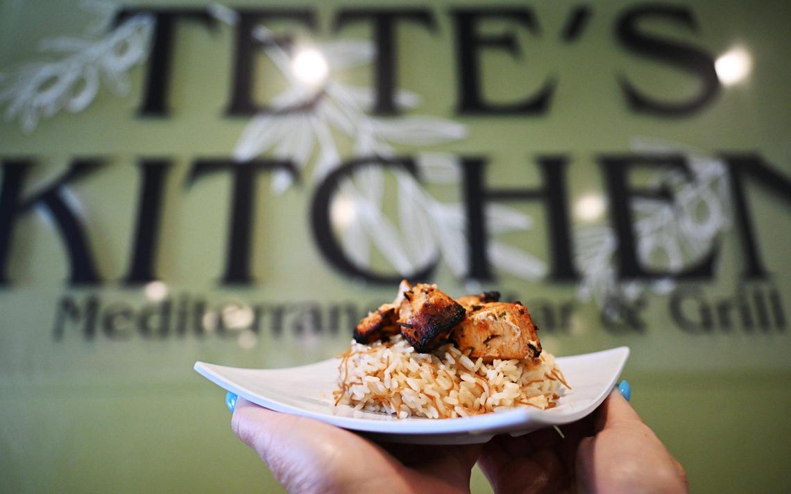 Chicken Kabob over rice pilaf is seen at Tete’s Kitchen which has opened in a familiar space in Old Town Clovis, serving up Mediterranean food at the corner of Pollasky Avenue and 4th Street. Photographed Thursday, July 10, 2025 in Clovis.