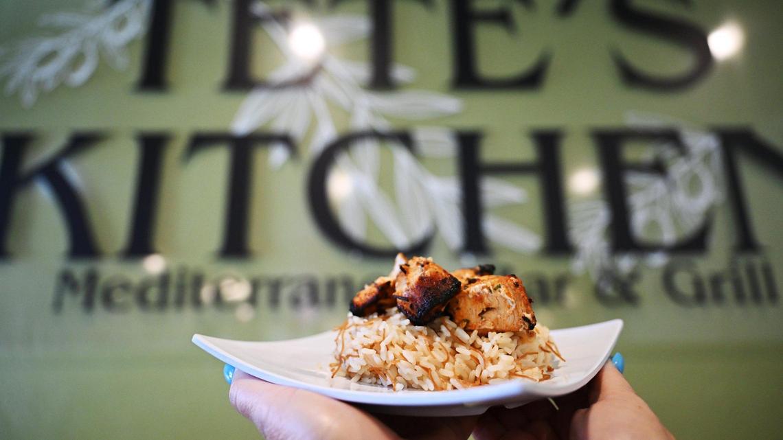 Chicken Kabob over rice pilaf is seen at Tete’s Kitchen which has opened in a familiar space in Old Town Clovis, serving up Mediterranean food at the corner of Pollasky Avenue and 4th Street. Photographed Thursday, July 10, 2025 in Clovis.