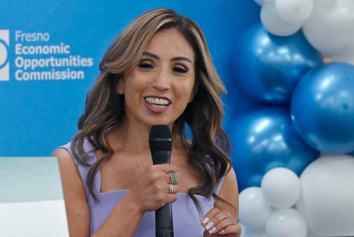 Fresno Economic Opportunities Commission CEO Emilia Reyes speaks at the official launch event for the Advancing Fresno County Guaranteed Income program Wednesday, July 17, 2024 in Fresno. The program will provide $500 a month for one year to 150 chosen families to help fight poverty.