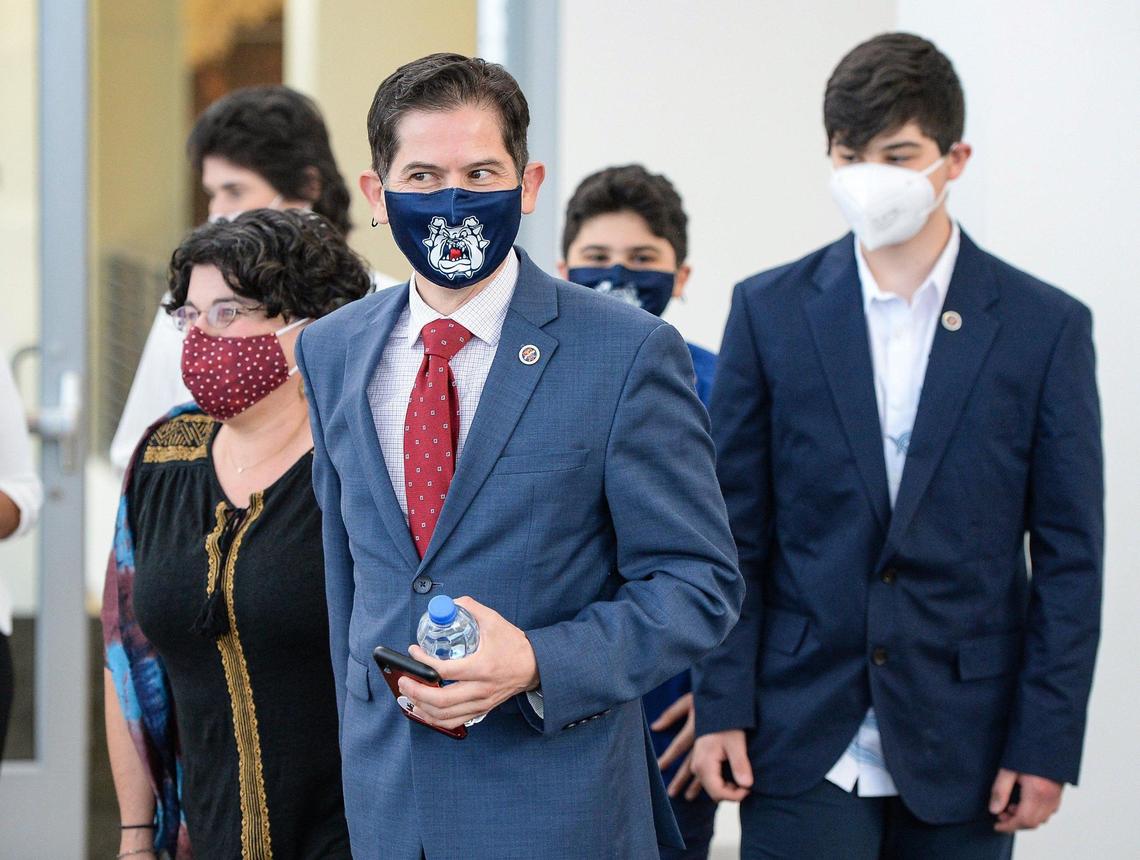 Dr. Saúl Jiménez-Sandoval arrives at the Henry Madden Library with his family before being introduced as Fresno State’s ninth president on Wednesday, May 19, 2021.