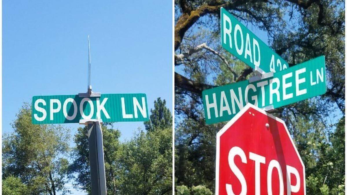 Spook Lane and Hangtree Lane signs in Oakhurst, California, have been temporarily removed as Madera County seeks input from residents about a proposal to rename the streets following a petition claiming the names evoke racism.