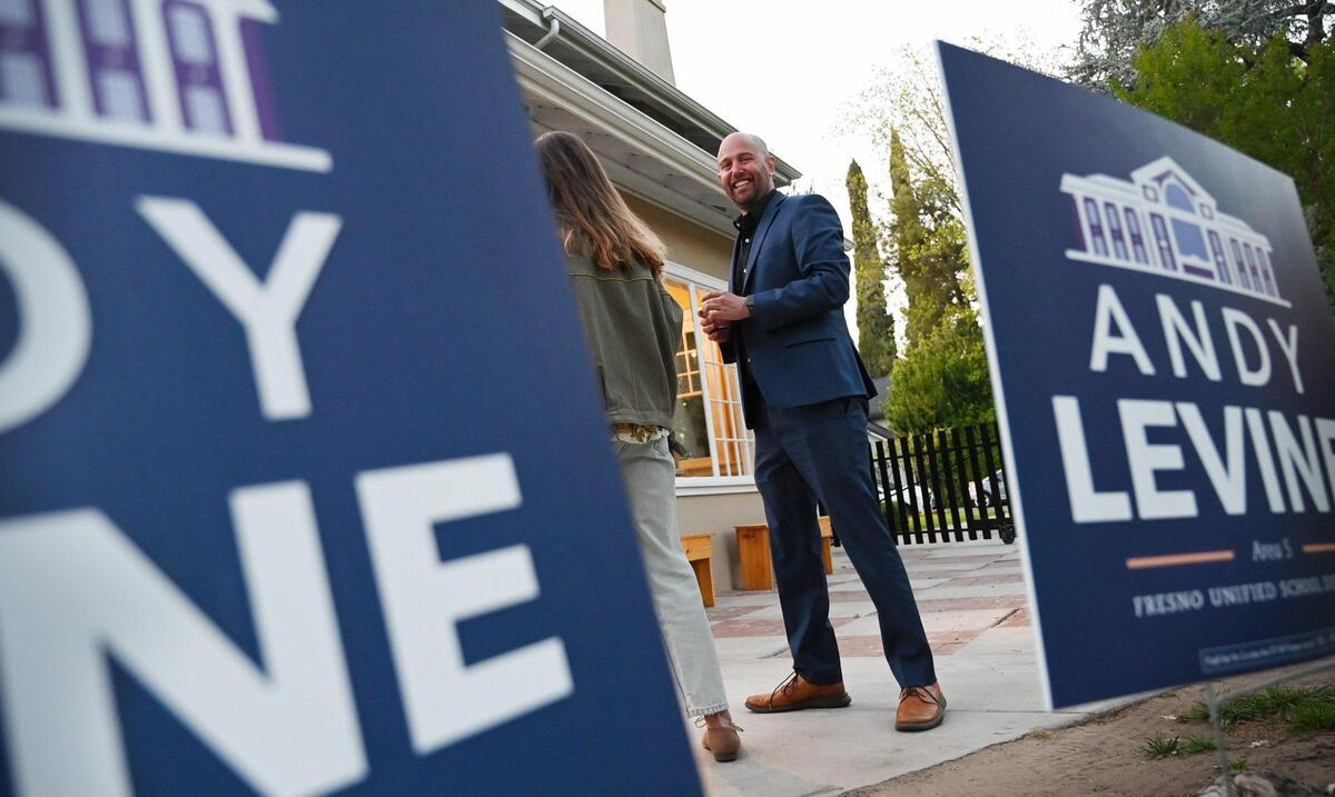 Andy Levine, candidate for Fresno Unified School Board, District 5, greets guests at his party on election night Tuesday, April 12, 2022 in Fresno.