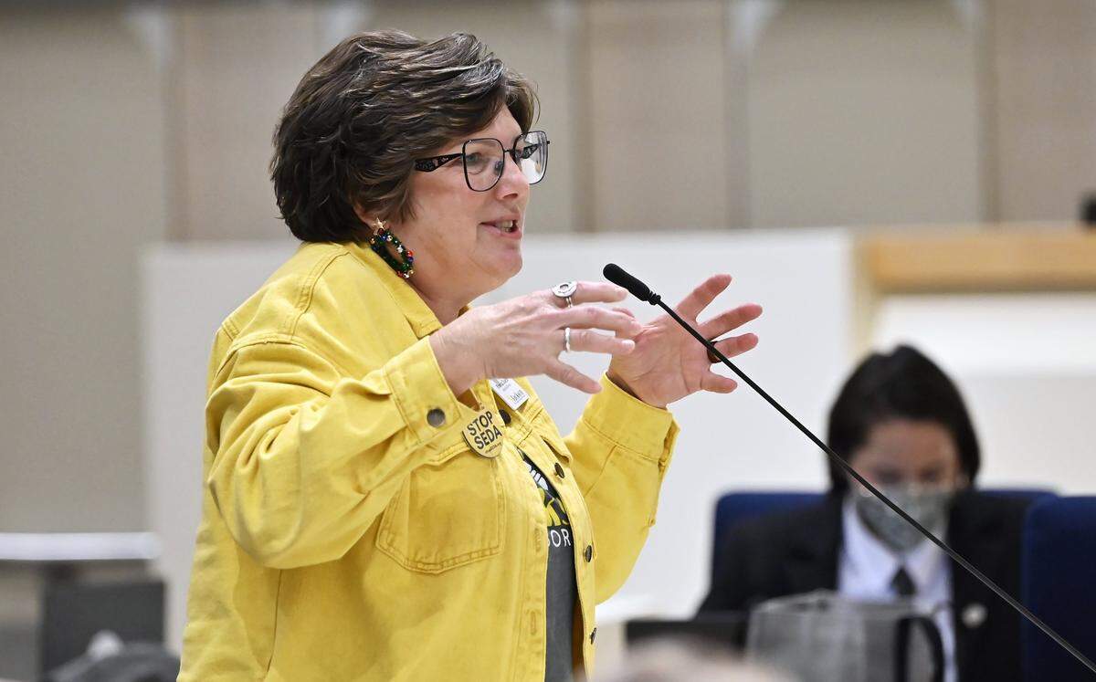 Rhonda Dueck, Executive Director of the Jackson Community Development Corporation, speaks out against the Southeast Development Area (SEDA) plan during a special Fresno City Council meeting Thursday evening, Dec. 18, 2025 at Fresno City Hall in Fresno.