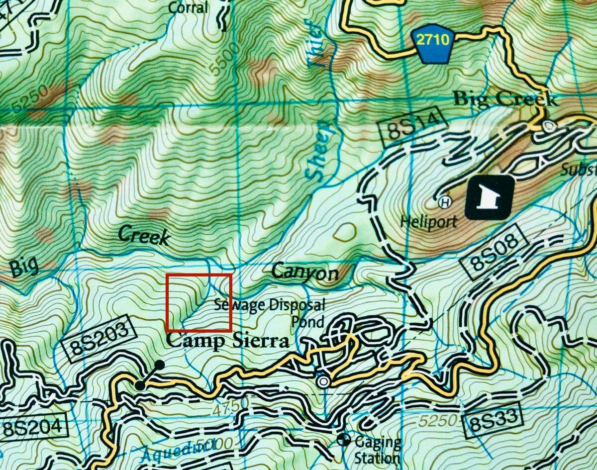 A map of Big Creek Canyon in relation to Big Creek and Camp Sierra in the Sierra Nevadas northeast of Fresno, California. Based on photographs and video taken by residents on the evening of Sept. 4, 2020, the Creek Fire started inside the red square.