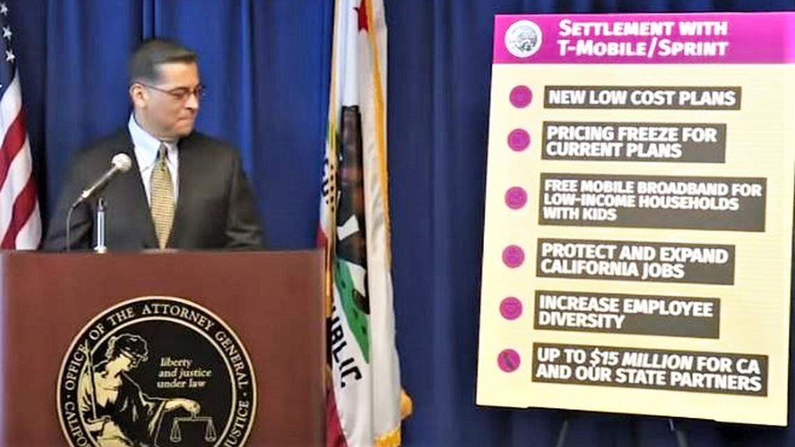 California Attorney General Xavier Becerra announces a settlement to end the state’s challenge of a merger between wireless carriers T-Mobile and Sprint in a press conference on Wednesday, March 11, 2020 in Sacramento.