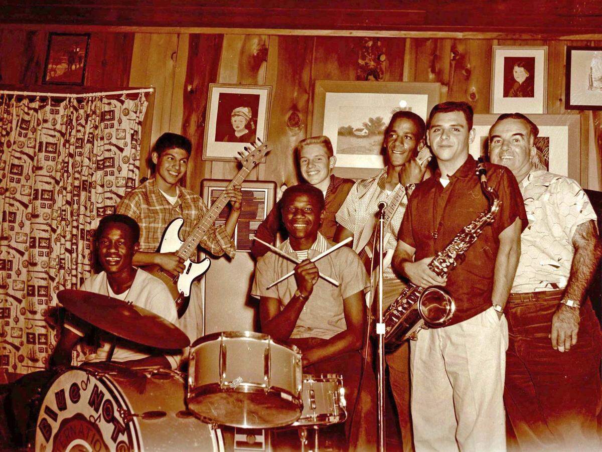 This photo, from the Courthouse Museum’s Music History in Merced County exhibit, shows the band Blue Notes posing for a picture during a practice session at the house of Fire Chief George Coolures, at right, in 1958. Roddy Jackson is shown standing in the back, with guitarist Kenny Craig to his left.