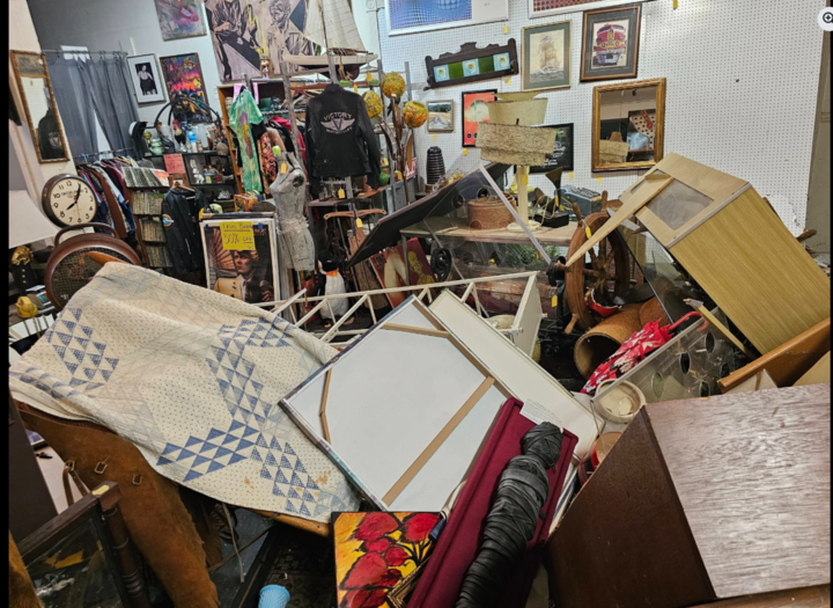 Here’s a view of the damage from inside Palm Olive Antiques after two vehicles crashed into the front of the building on Sept 11.