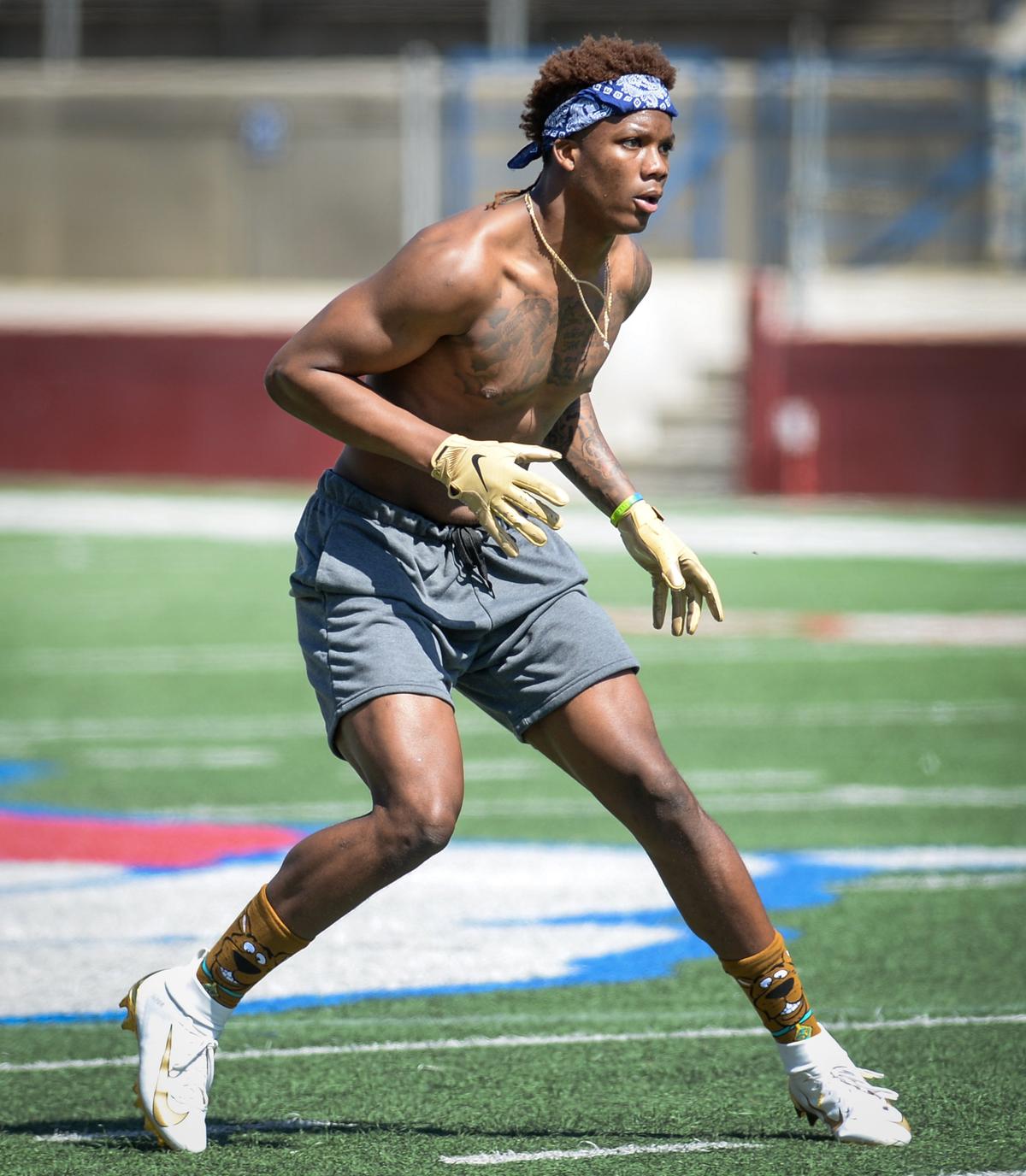 Fresno State safety Mike Bell participates in the field evaluation portion of Fresno State football’s Pro Day at Bulldog Stadium on Monday, March 18, 2019. Bell improved his 40-yard dash time from the NFL Combine, running it in 4.63 seconds on the home turf at Bulldog Stadium. Bell ran a 4.83 at the combine.