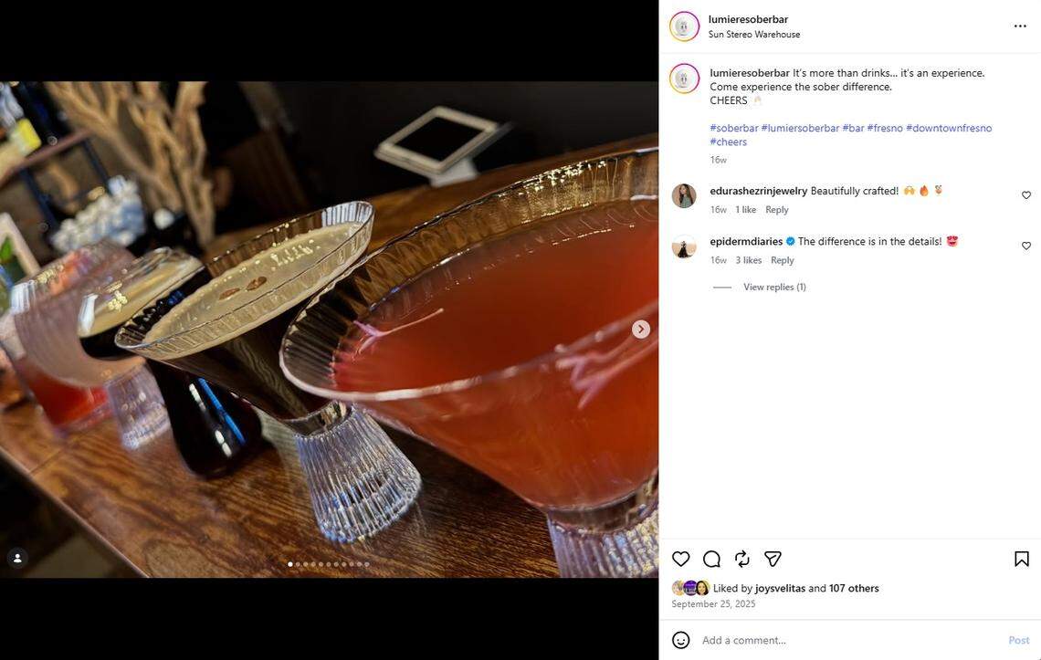 A screenshot from Lumiere Sober Bar’s Instagram page features non-alcoholic drinks.