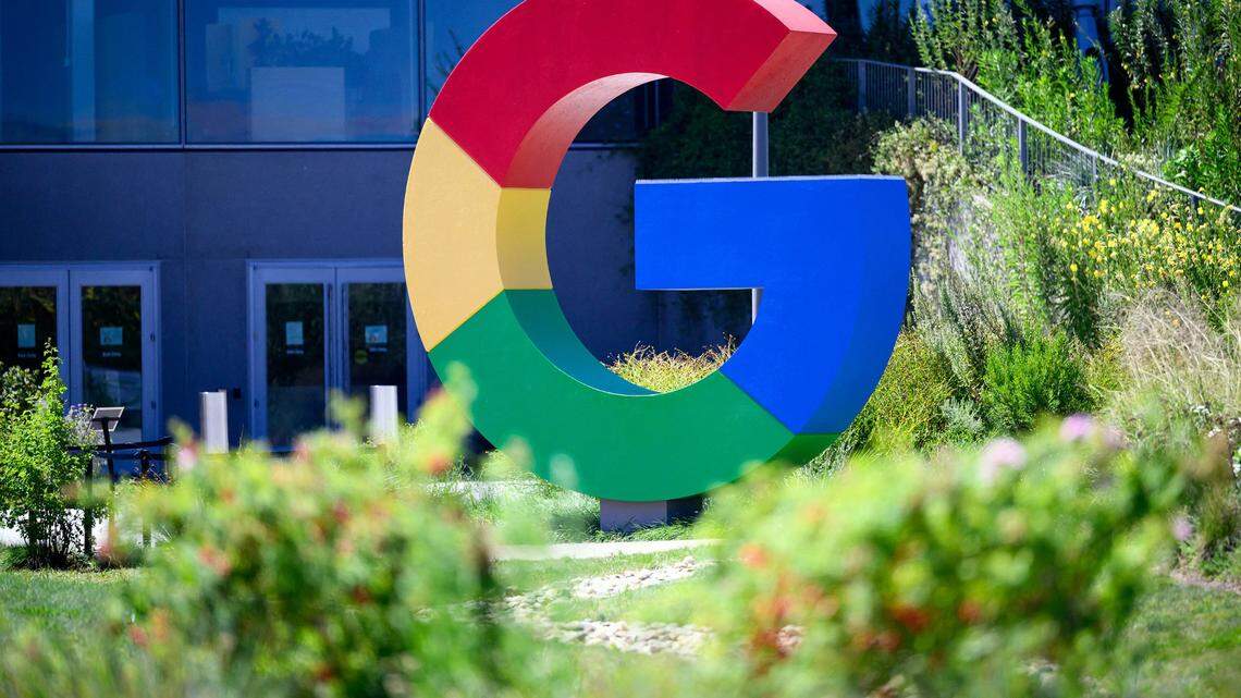 A large Google logo stands at Google’s Bay View campus in Mountain View in 2024. 
