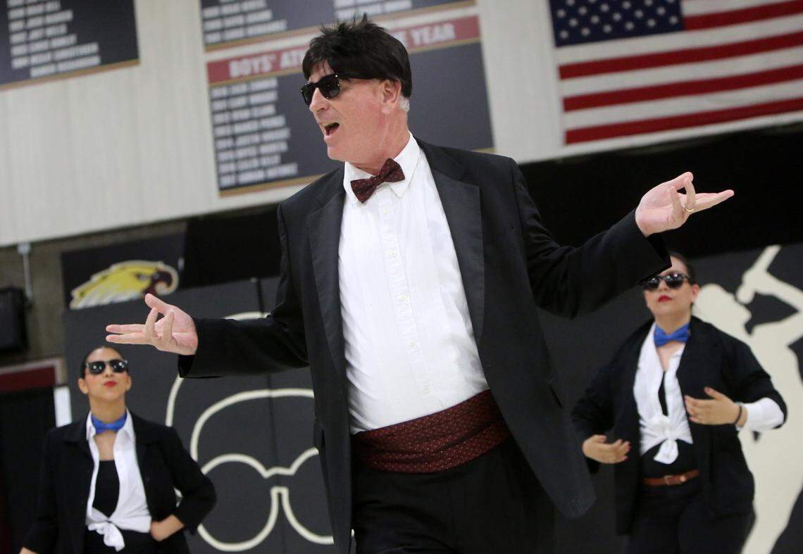 Sunnyside High School principal Tim Liles participating in the Principal’s Lip Sync Contest at Clovis West High School in April 2018. The school won fourth place in the large school division that year, receiving $2,000 in scholarship funds.