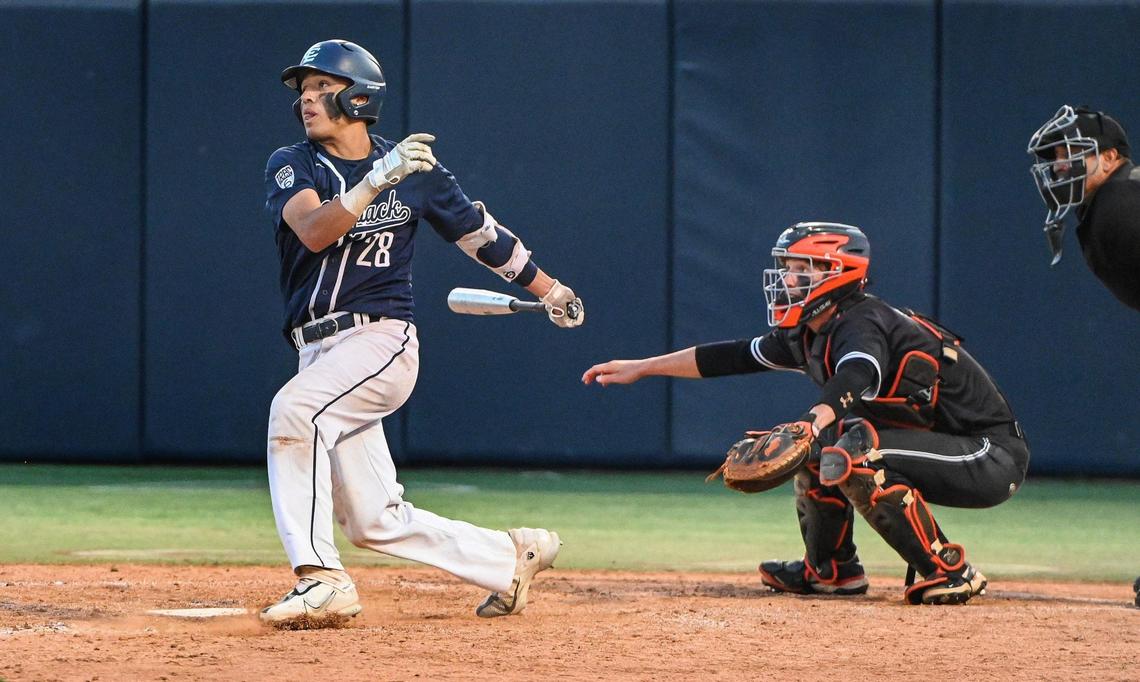 Clovis East’s Paul Martinez gets a hit in the bottom of the 7th inning against Central in their Central Section Division II baseball championship game at Pete Beiden Field on Friday, May 27, 2022.