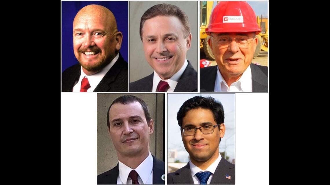 Candidates in the March 5, 2024, primary for Fresno County District 2 supervisor include, clockwise from top left, incumbent Supervisor Steve Brandau, Fresno City Councilmember Garry Bredefeld, county Assessor-Recorder Paul Dictos, business owner Bryce Herrera and county social worker Dion Bourdase.