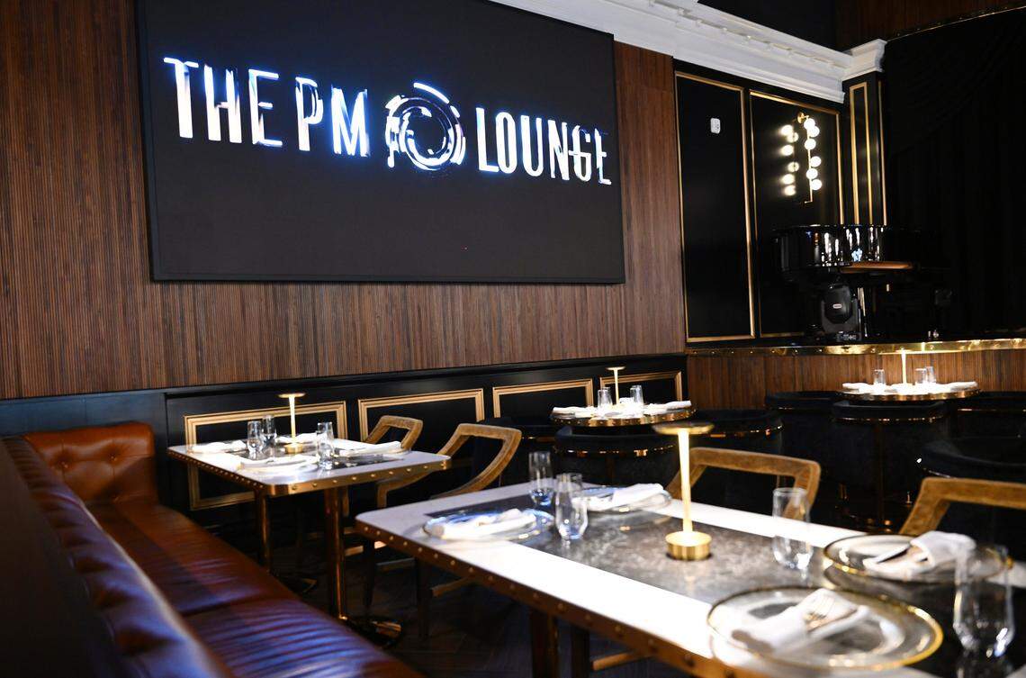A large screen is seen near the stage as we take a look inside the new PM Lounge, Wednesday, Feb. 18, 2026 in Fresno.