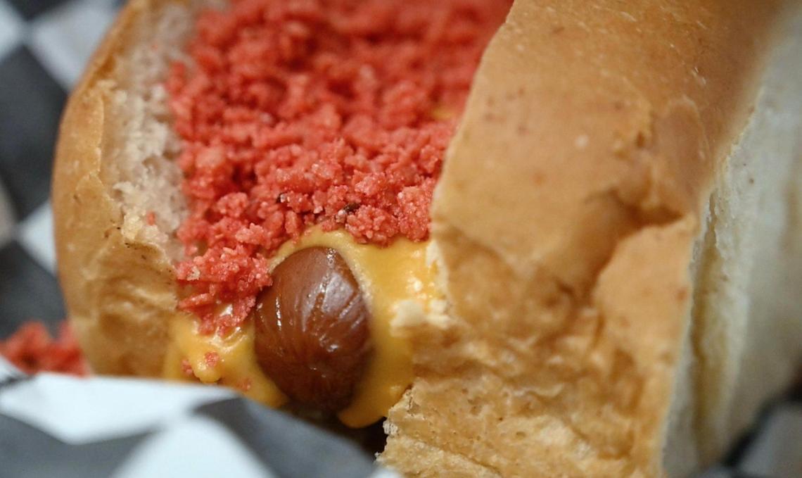 Crushed Taki dust tops the Taki Dog at Plant Slayer Express, newly opened inside the Tower District’s Strummer’s nightclub. Photographed Wednesday, Aug. 9, 2023 in Fresno.