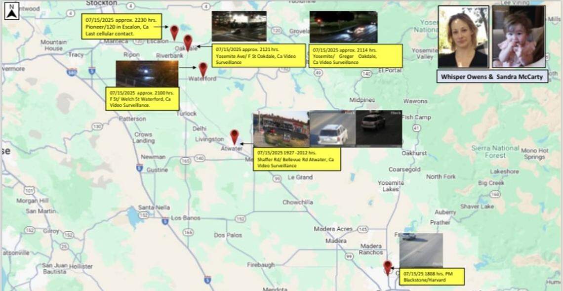 The locations where Whisper Owen and Sandra McCarty were prior to going missing.