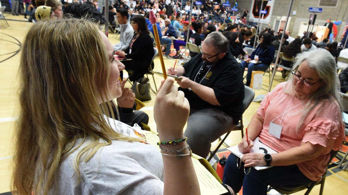 University High’s Cali Tobier signals pencil up to show she’s ready for competition during the Academic Decathlon Super Quiz Central East High School gym, Saturday Jan. 31, 2020.