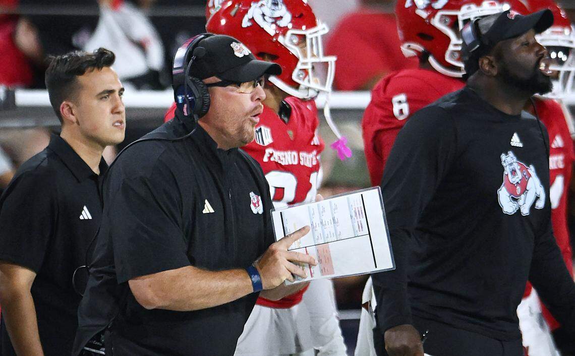 Fresno State head coach Matt Entz watches the game against Nevada from the sideline Saturday, Oct. 4, 2025 in Fresno.