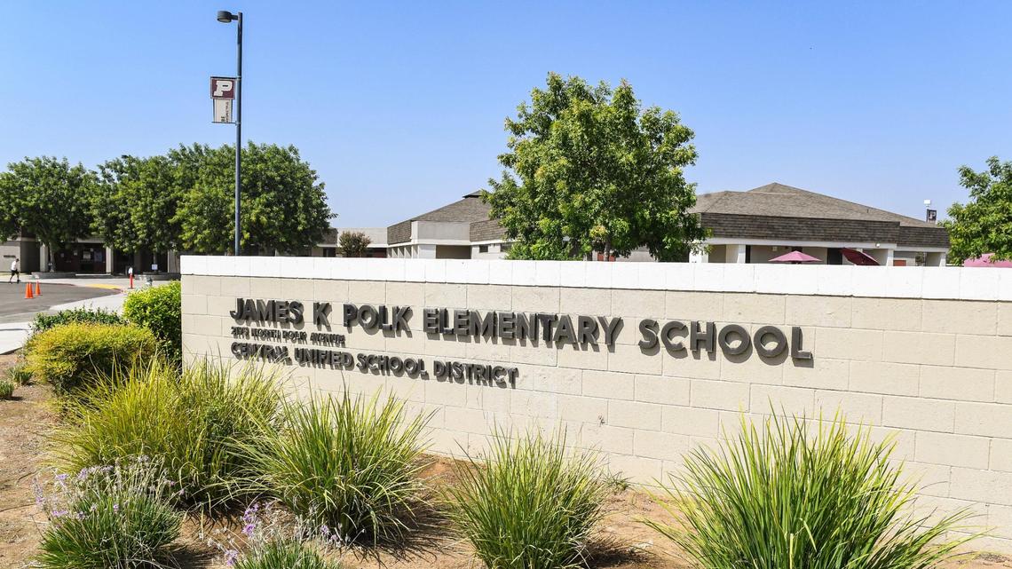 The school sign photographed at James K. Polk Elementary School in the Central Unified District of Fresno on Thursday, Sept. 16, 2021.