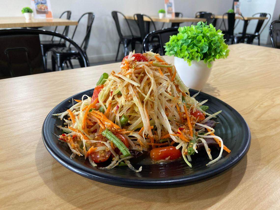 Thai Wok & Cafe makes a Thai-style papaya salad that’s lighter and less pungent than many papaya salads in town. The restaurant is at Shaw and Marks avenues.