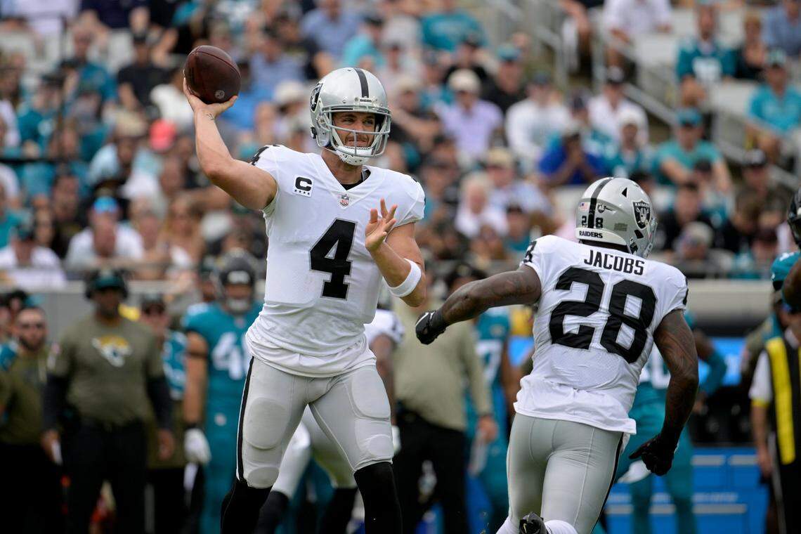 Las Vegas Raiders quarterback Derek Carr passes against the Jacksonville Jaguars in the first half of an NFL game Sunday, Nov. 6, 2022, in Jacksonville, Fla.