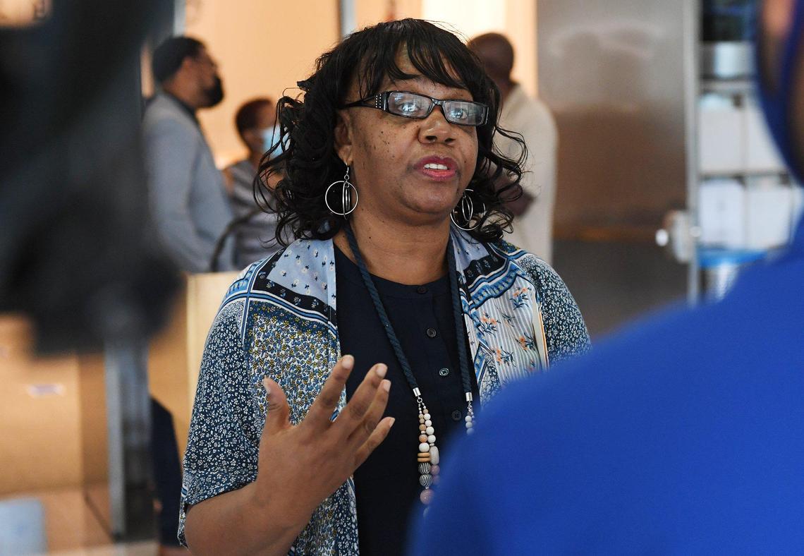 Yolanda Randles, executive director of the West Fresno Family Resource Center speaks to the media following a press conference at Fresno City Hall Monday, Oct. 12, 2020.