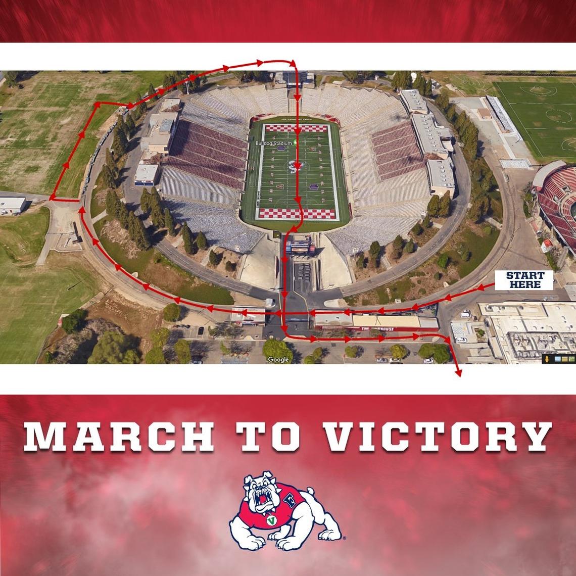 A map of the route the Fresno State Bulldogs will take on their March to Victory before all home games this season.